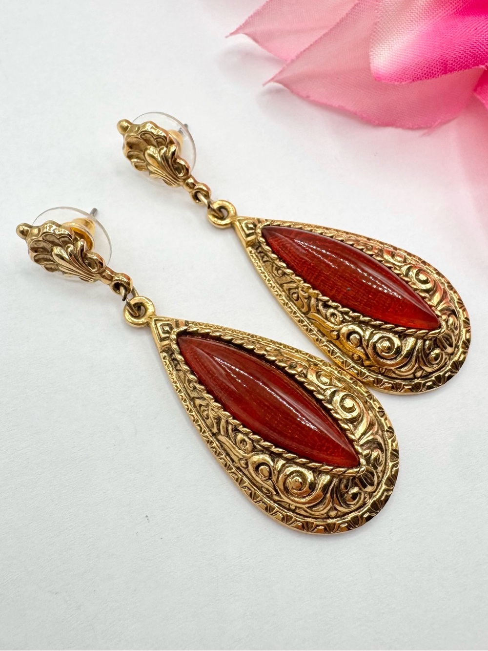Vintage 1928 Victorian Revival Earrings Ornate Faux Carnelian Romantic Scrolling